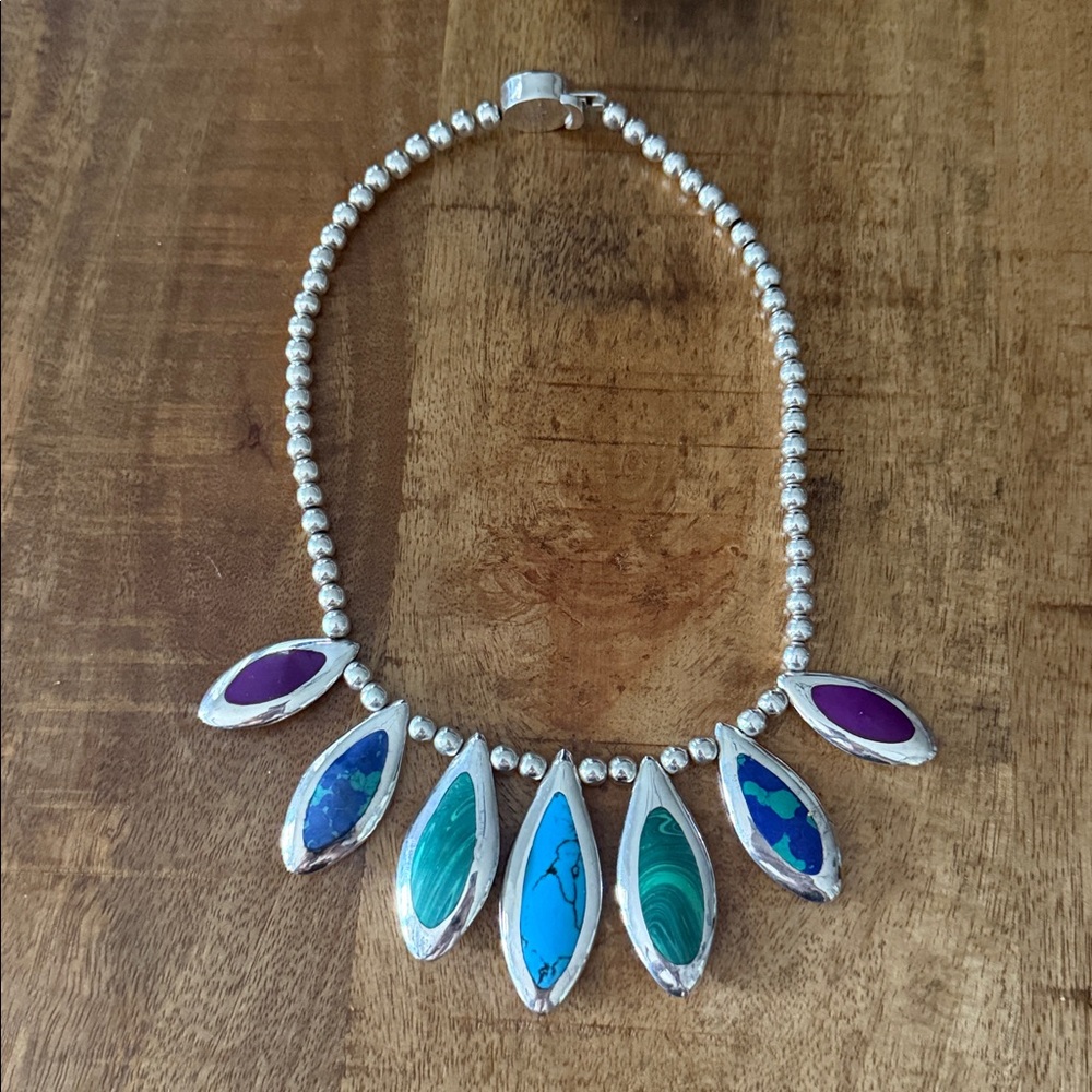 Vintage Mexico 925 Sterling Silver Inlay Reversible 16” Necklace